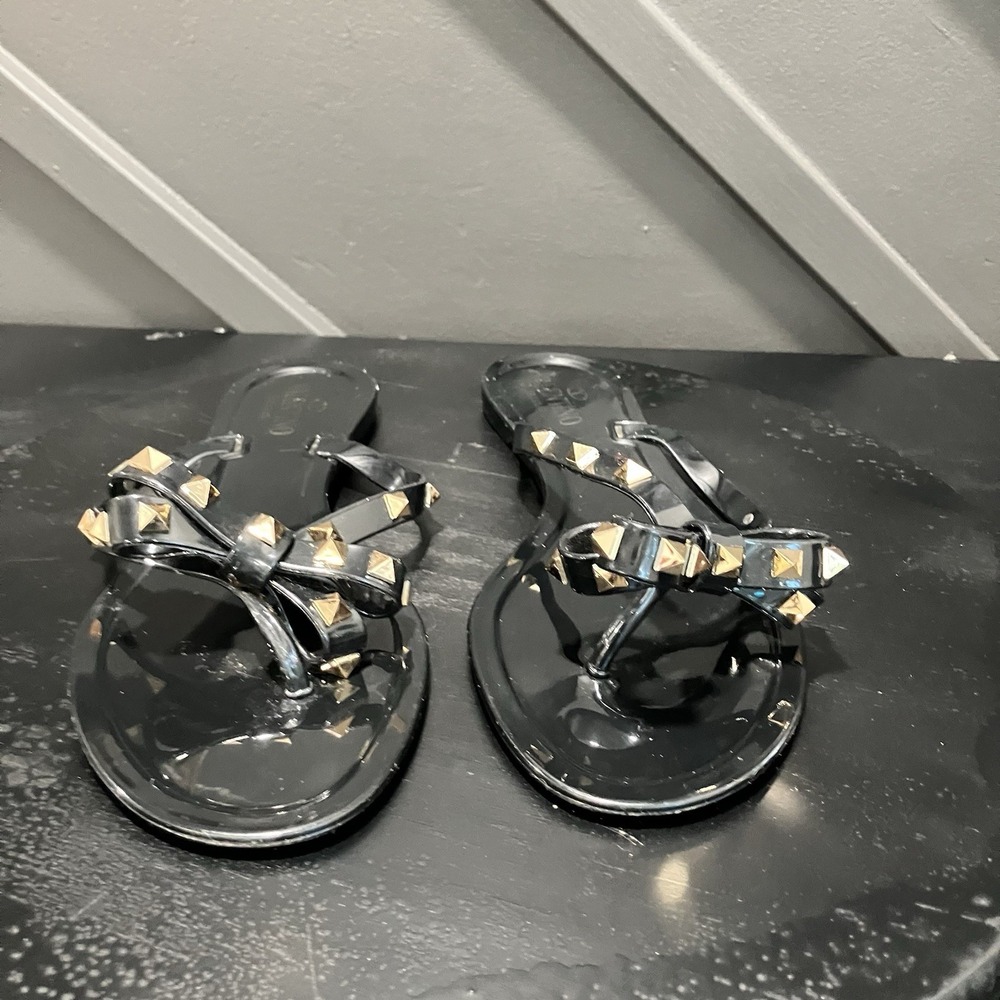 Valentino Garavani Rockstud Bow Black Jelly Thong Sandals Size EU 42 US 12